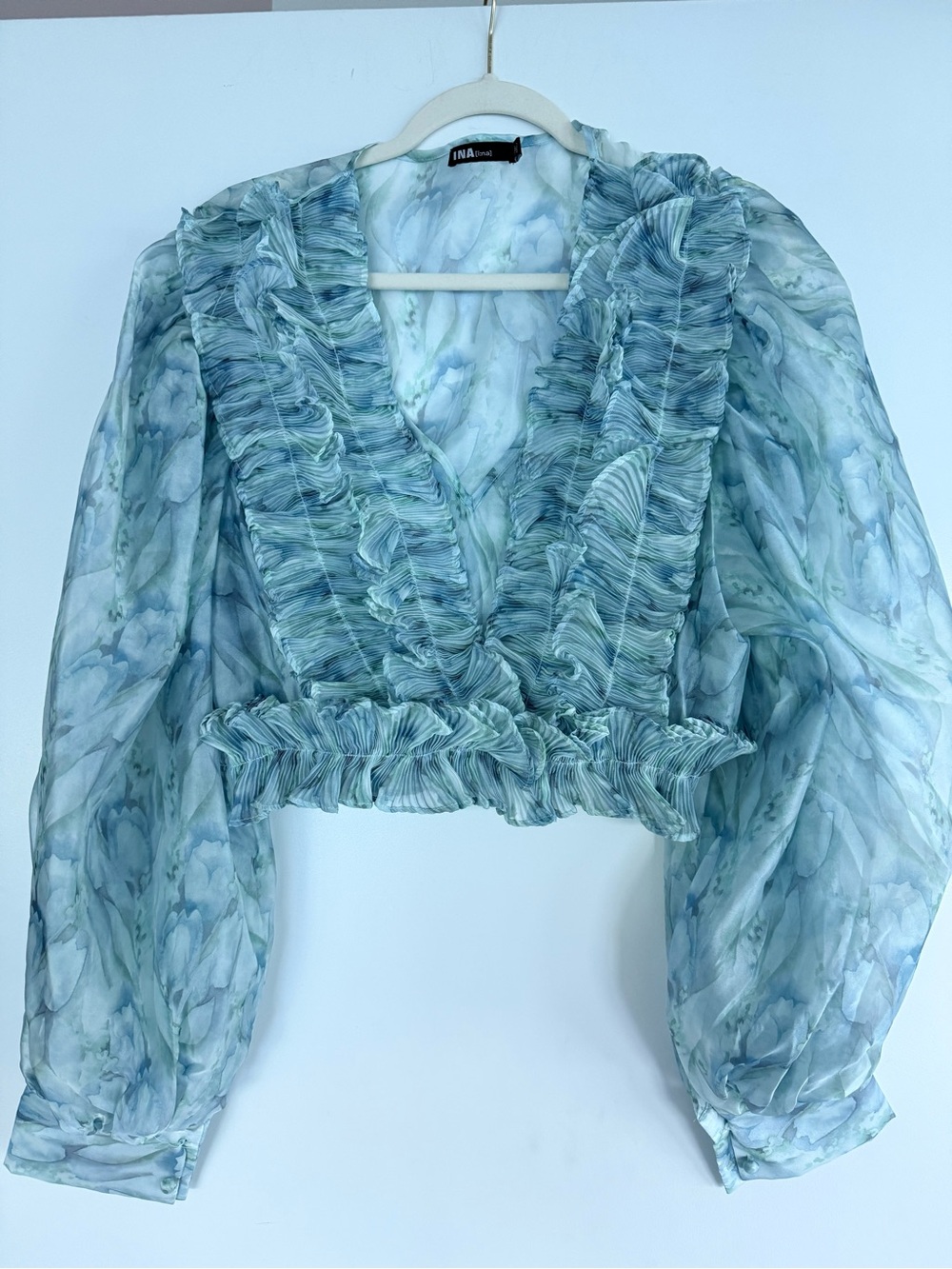 Ina Seafoam Ruffle V-Neck Sheer Blouse